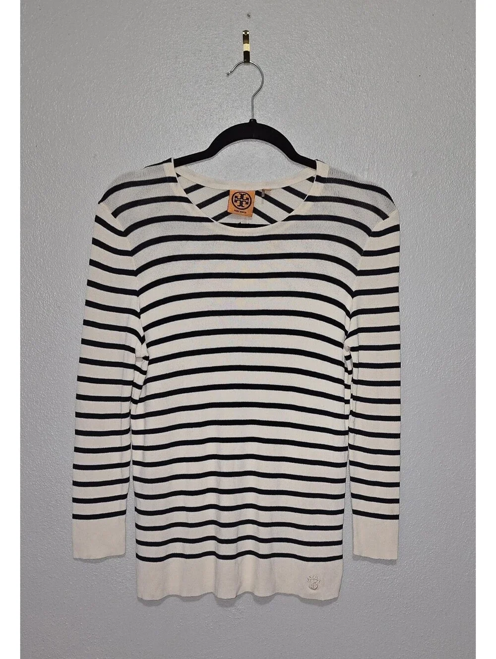 Tory Burch Sweater Small S Cream Navy Blue Striped Ribbed Knit Chevron Back Logo